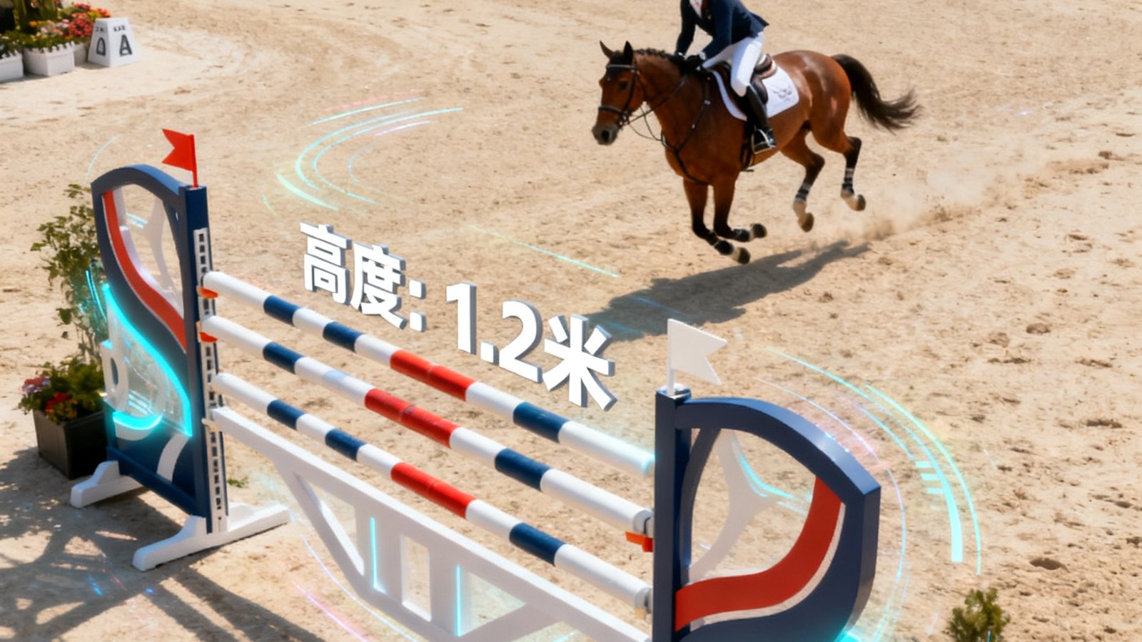 国际马术锦标赛直播画面中AR虚拟障碍物高度数据叠加的效果截图