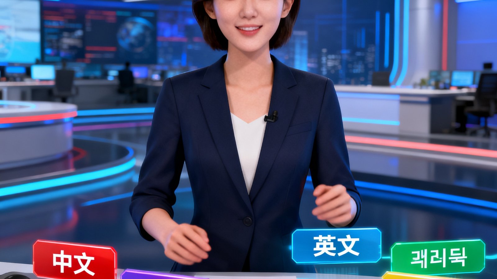 EVO视讯多语种数字演播厅的虚拟场景实时渲染画面，展示中英日韩四语同传字幕叠加和AR虚拟主持人的合成效果